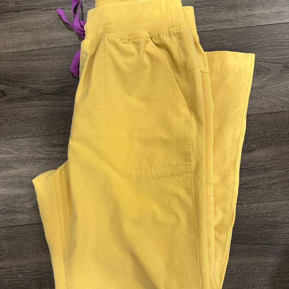 Figs Wide Leg Scrub Pants in Yellow with Purple Drawstring